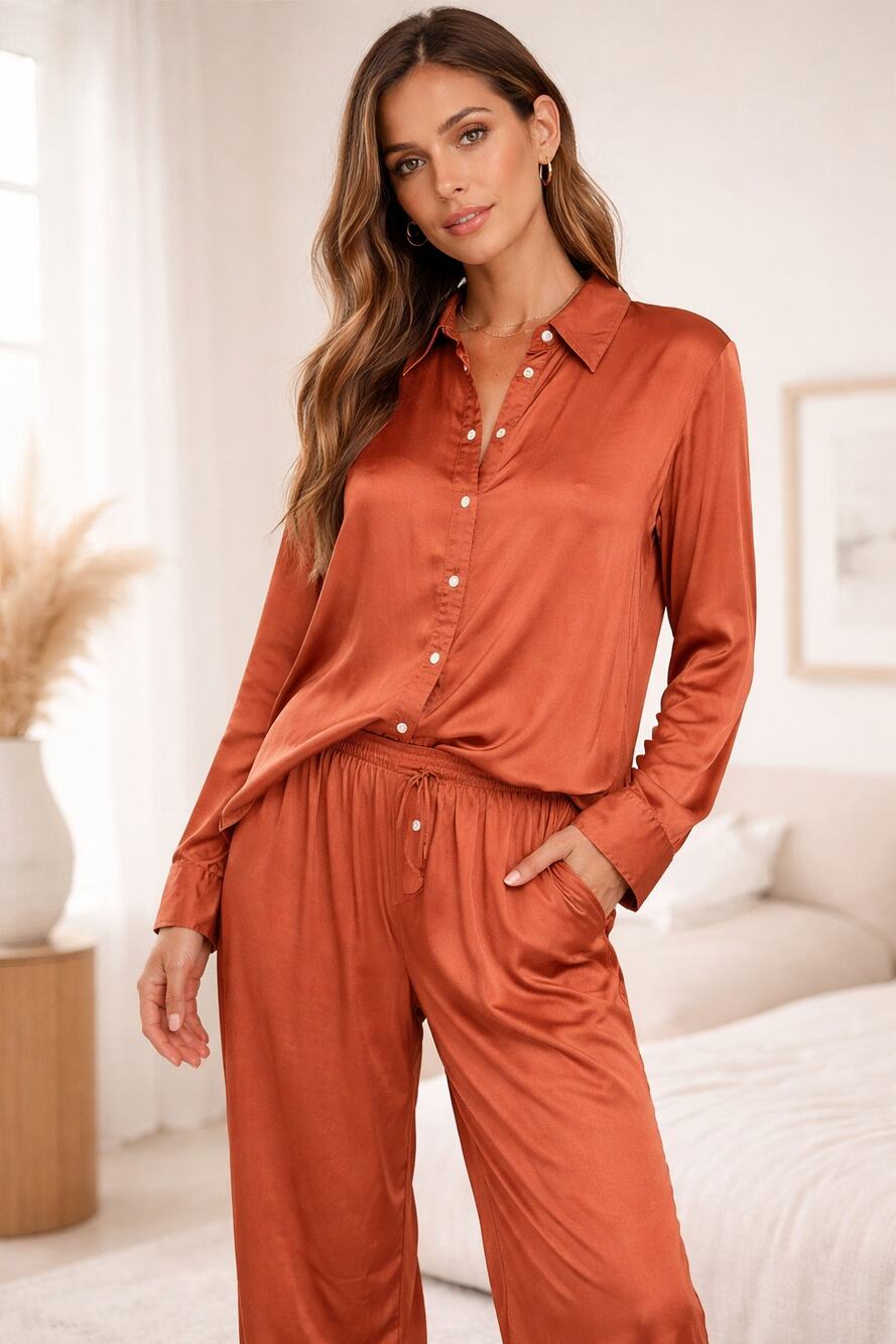 Anthro Copper Satin Pajama Set XS 2PC Button Down Silky Lounge Sleepwear